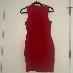 Hot red short dress with stainless steel details on shoulder